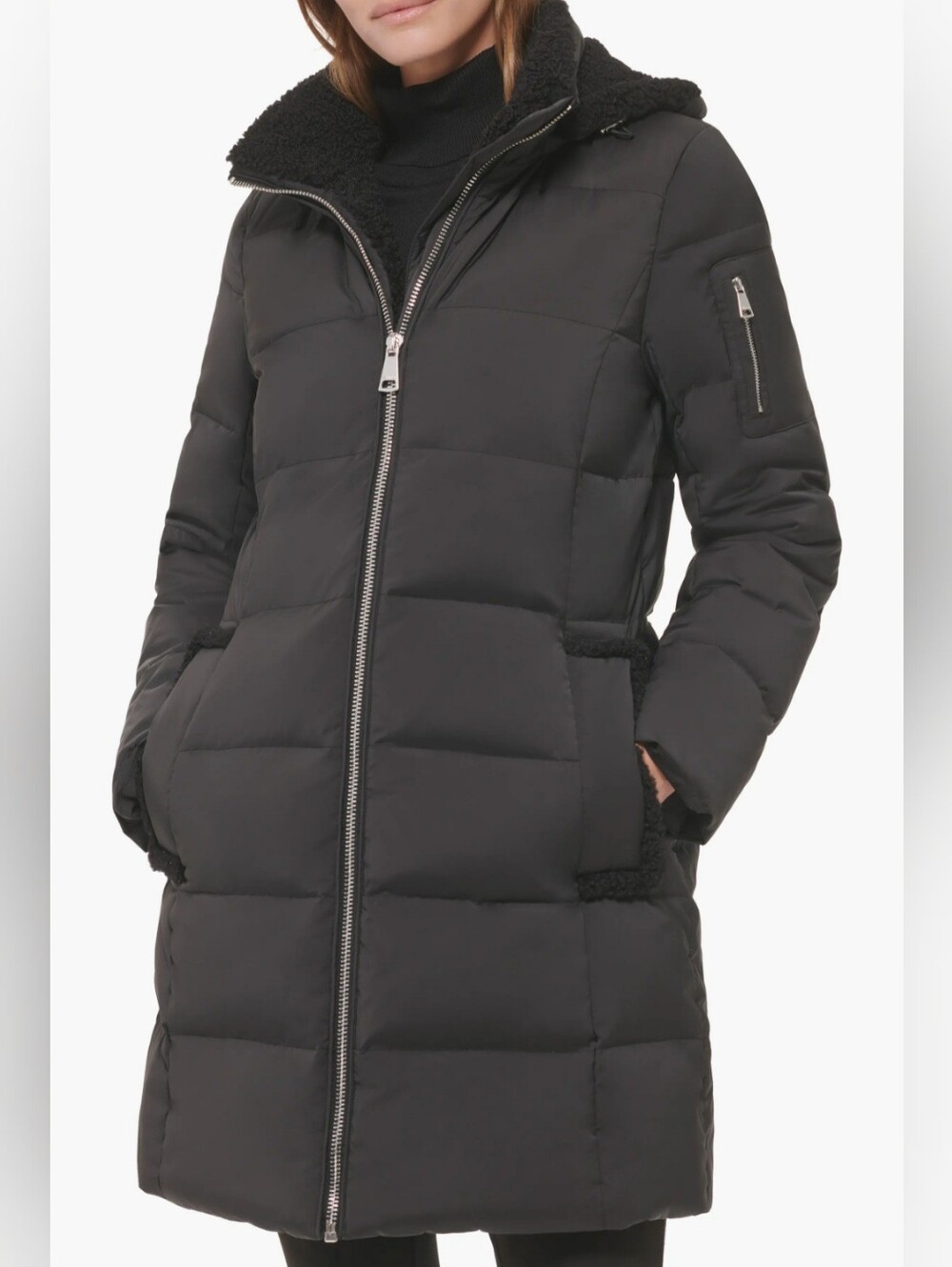 Calvin Klein Faux Shearling Lined Premium Down MidLength Puffer Coat Black Small